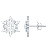 Rosec Jewels certified diamond snowflake stud earrings with sparkling diamond details and intricate snowflake design.