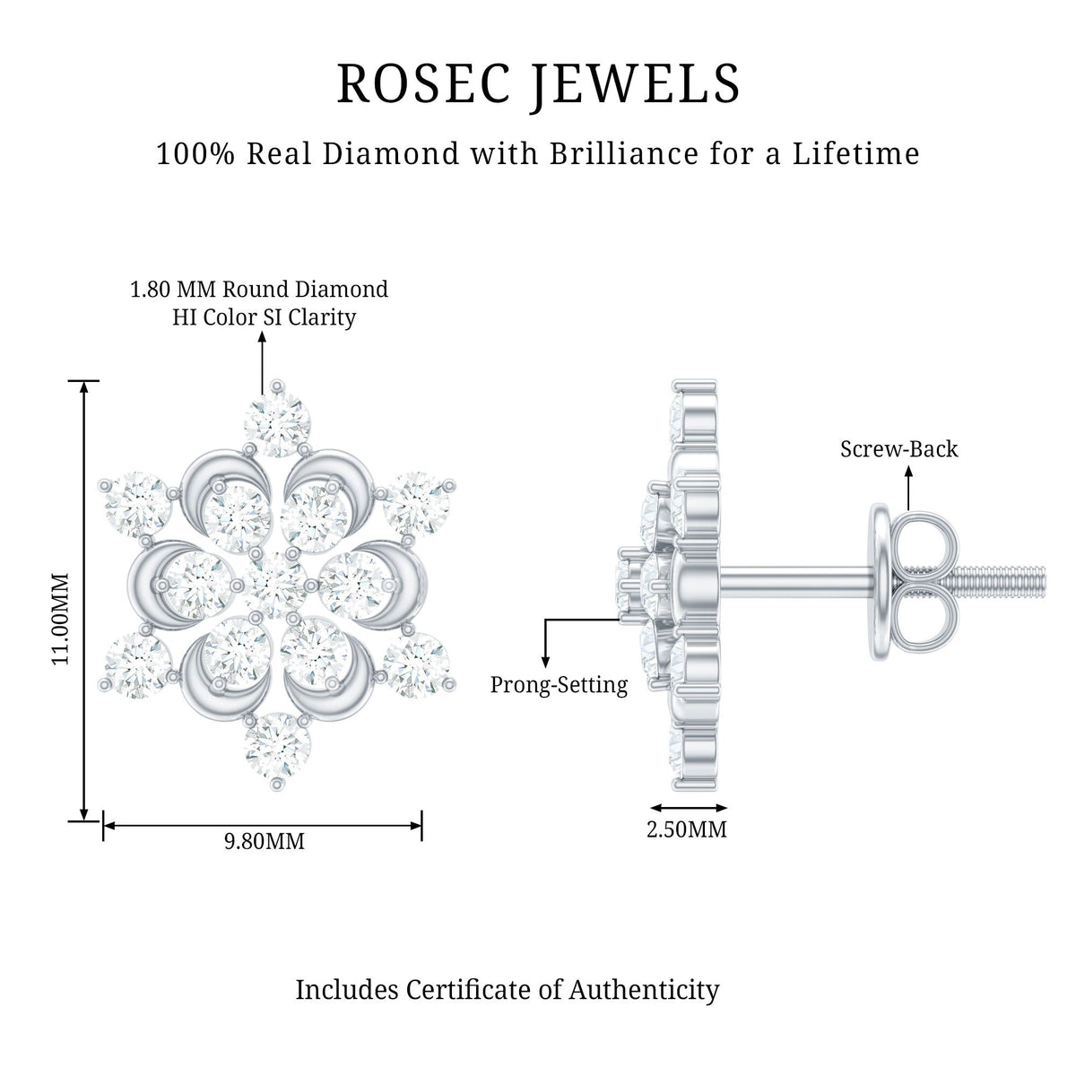 Certified diamond snowflake stud earrings by Rosec Jewels featuring sparkling diamond accents and intricate snowflake design.