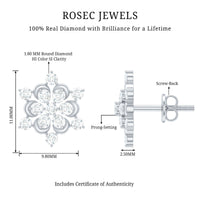 Certified diamond snowflake stud earrings by Rosec Jewels featuring sparkling diamond accents and intricate snowflake design.