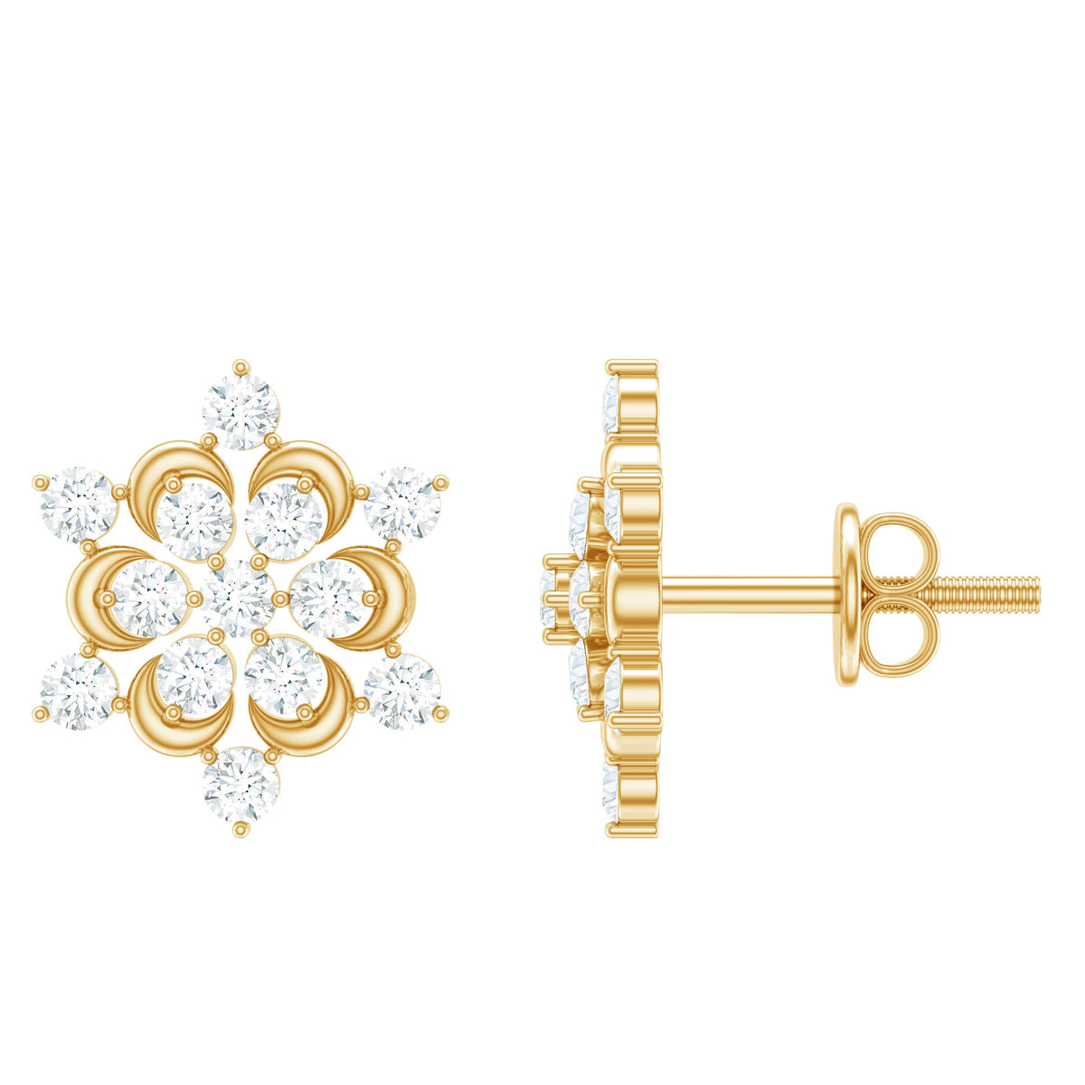 Rosec Jewels certified diamond snowflake stud earrings featuring sparkling snowflake-shaped diamond design.