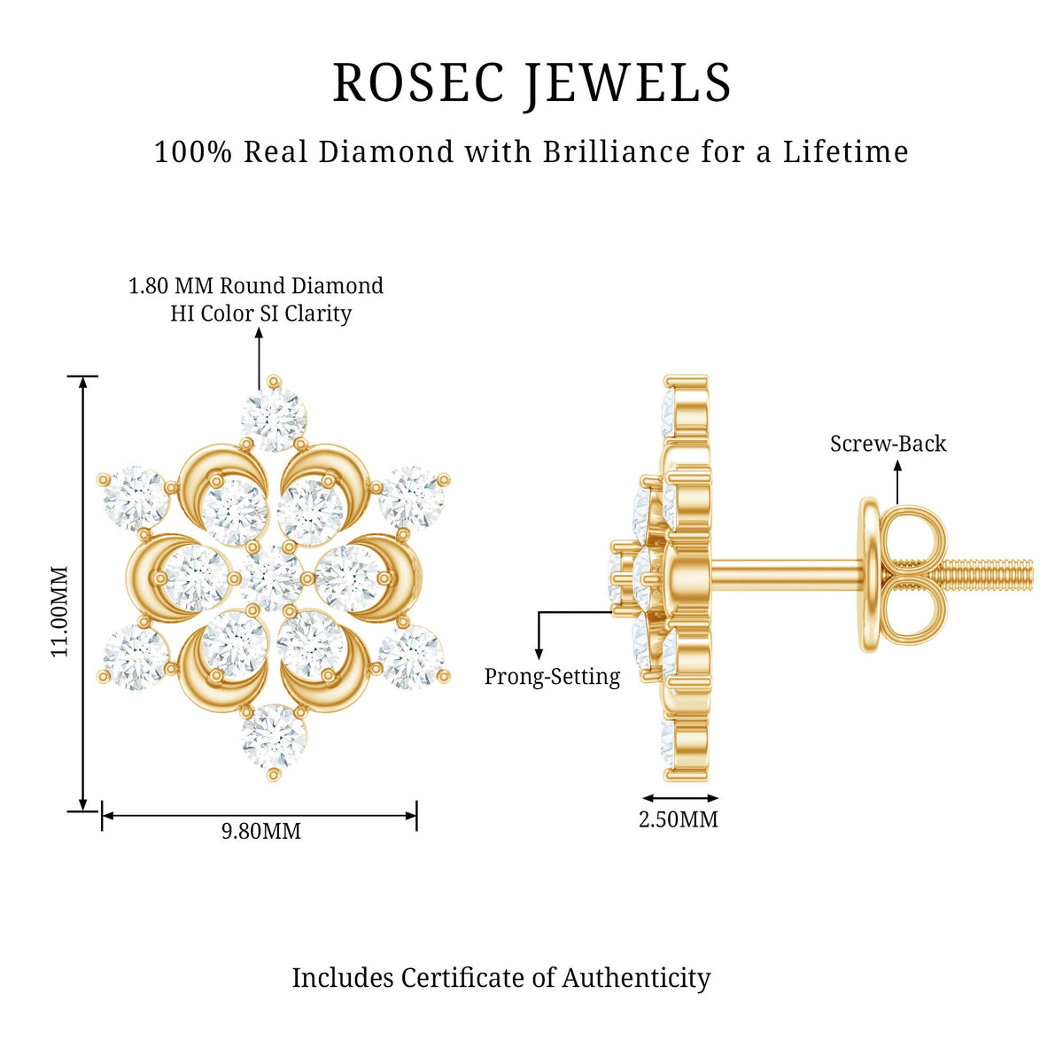 Certified diamond snowflake stud earrings by Rosec Jewels featuring sparkling diamond snowflake designs on silver posts.