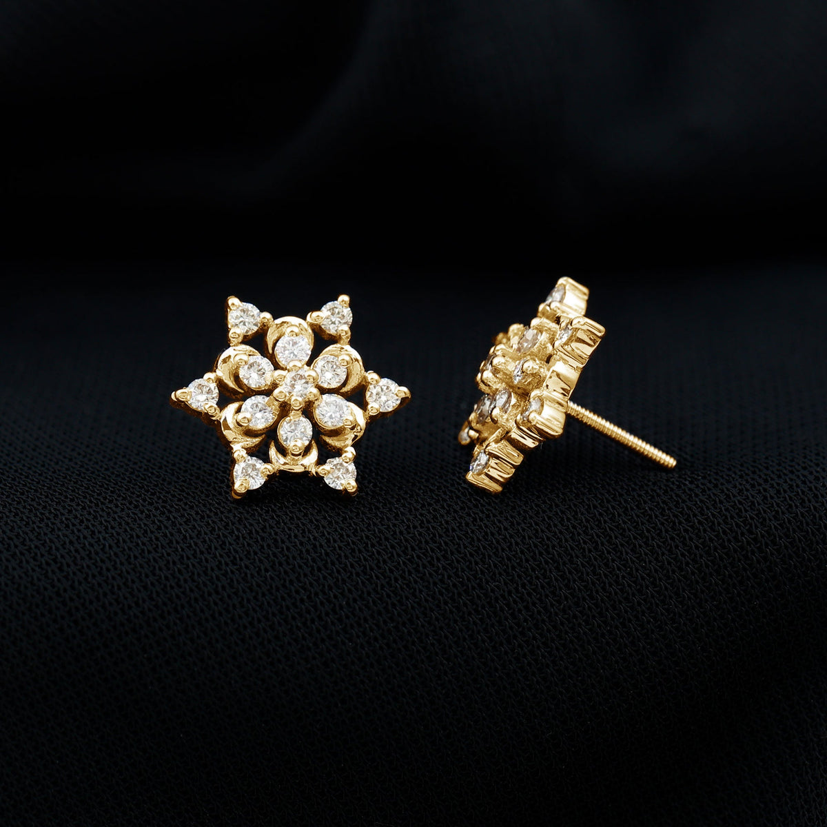 Rosec Jewels certified diamond snowflake stud earrings, sparkling and intricate, ideal for elegant jewelry collection.