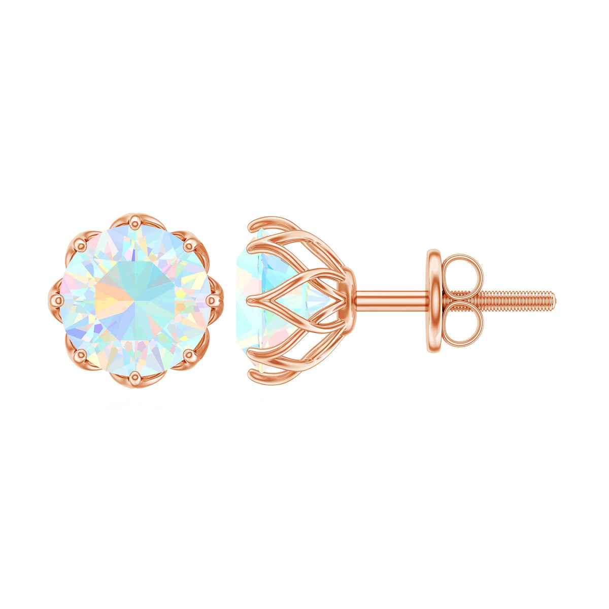 Ethiopian Opal solitaire stud earrings with 6mm gemstones set in gold, featuring elegant and simple jewelry design.