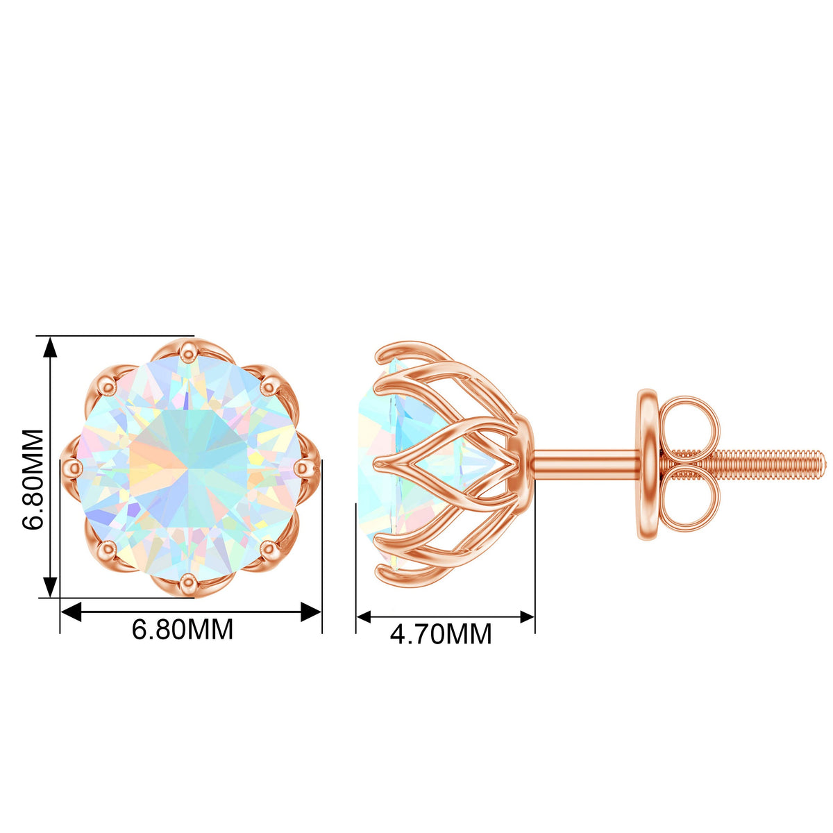 Rosec Jewels 6mm Ethiopian Opal solitaire stud earrings with round cut gemstones and silver posts.