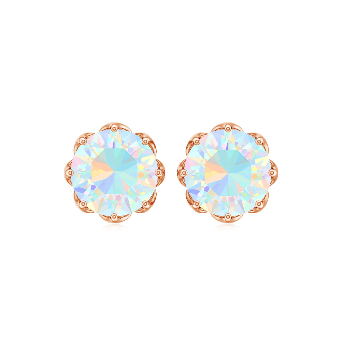 Ethiopian Opal solitaire stud earrings with 6mm round gemstones from Rosec Jewels, featuring a simple and elegant design.