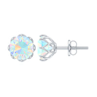 Ethiopian Opal solitaire stud earrings with 6mm decorative gemstones, crafted by Rosec Jewels, displayed against a neutral background.