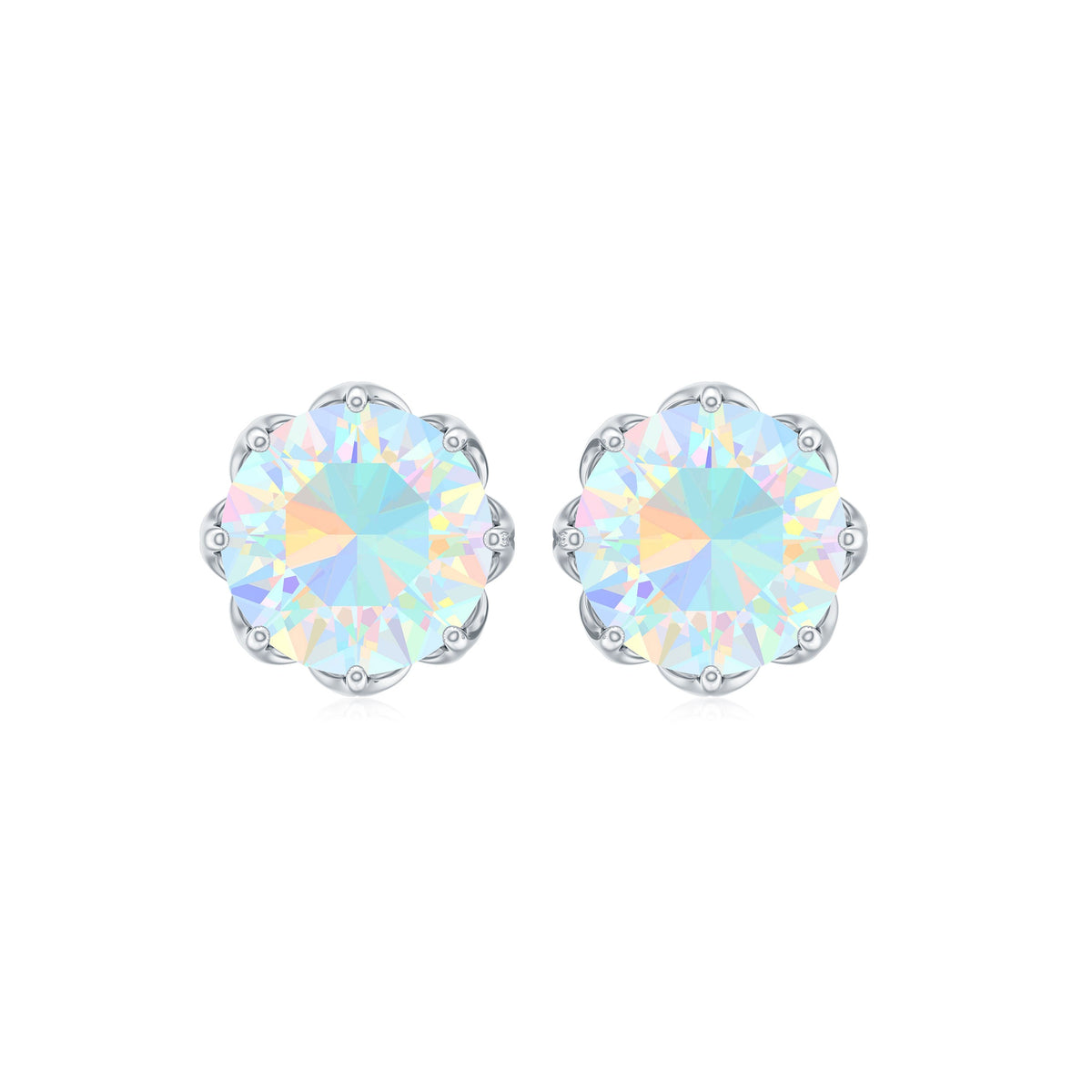 Six millimeter Ethiopian opal solitaire stud earrings by Rosec Jewels featuring vibrant, faceted gemstones set in classic jewelry style.