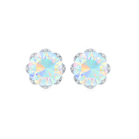 Six millimeter Ethiopian opal solitaire stud earrings by Rosec Jewels featuring vibrant, faceted gemstones set in classic jewelry style.
