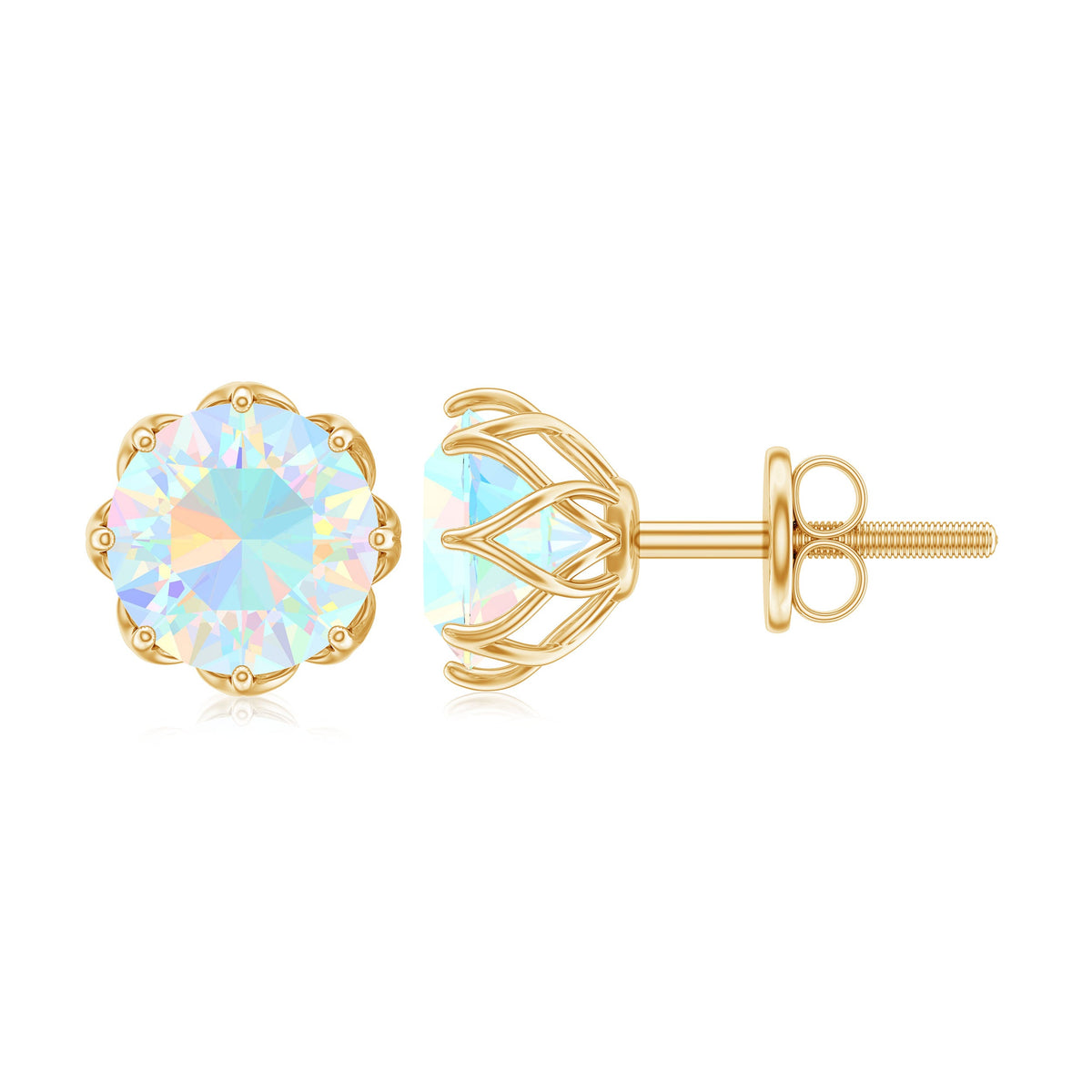 Ethiopian Opal solitaire stud earrings with 6mm round gemstones, crafted by Rosec Jewels, showcasing a sparkling, elegant design.