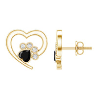 Heart Shape Black Spinel Paw Stud Earrings with Moissanite