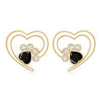 Heart Shape Black Spinel Paw Stud Earrings with Moissanite