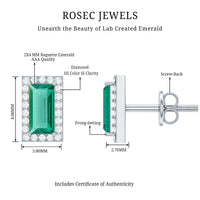 Baguette Cut Lab Grown Emerald and Diamond Halo Stud Earrings