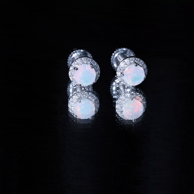 Natural Ethiopian opal and moissanite halo stud earrings featuring yellow gemstones and silver settings, designed by Rosec Jewels.