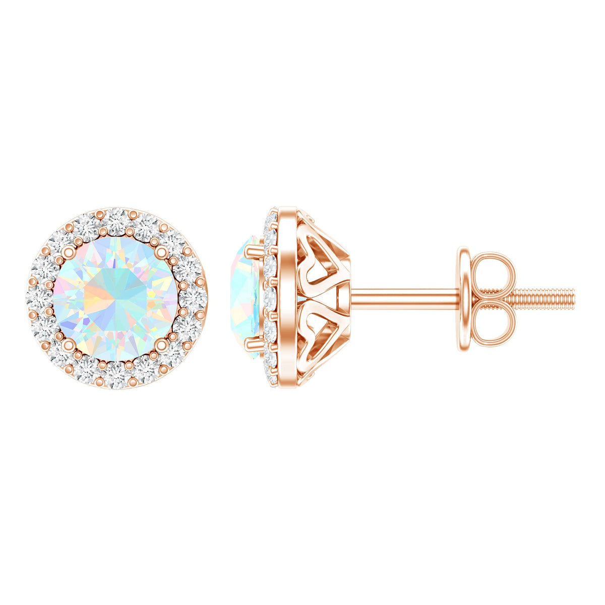 Natural Ethiopian Opal and Moissanite halo stud earrings featuring sparkling gemstones and elegant silver settings by Rosec Jewels.