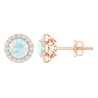 Natural Ethiopian Opal and Moissanite halo stud earrings featuring sparkling gemstones and elegant silver settings by Rosec Jewels.