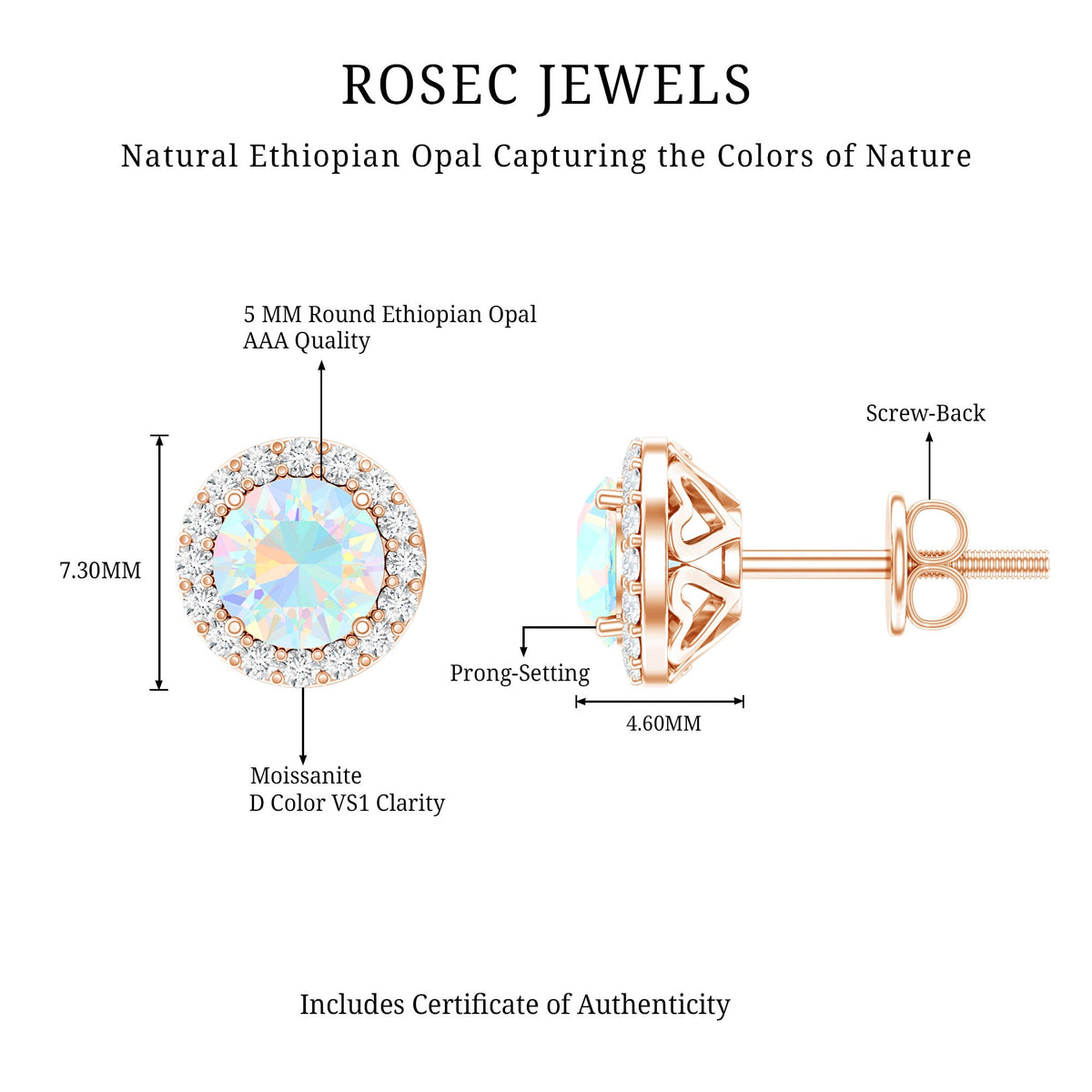 Natural Ethiopian opal and moissanite halo stud earrings by Rosec Jewels, featuring vibrant gemstones and elegant silver settings.