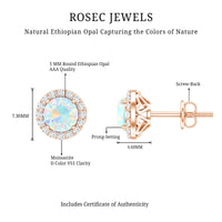 Natural Ethiopian opal and moissanite halo stud earrings by Rosec Jewels, featuring vibrant gemstones and elegant silver settings.