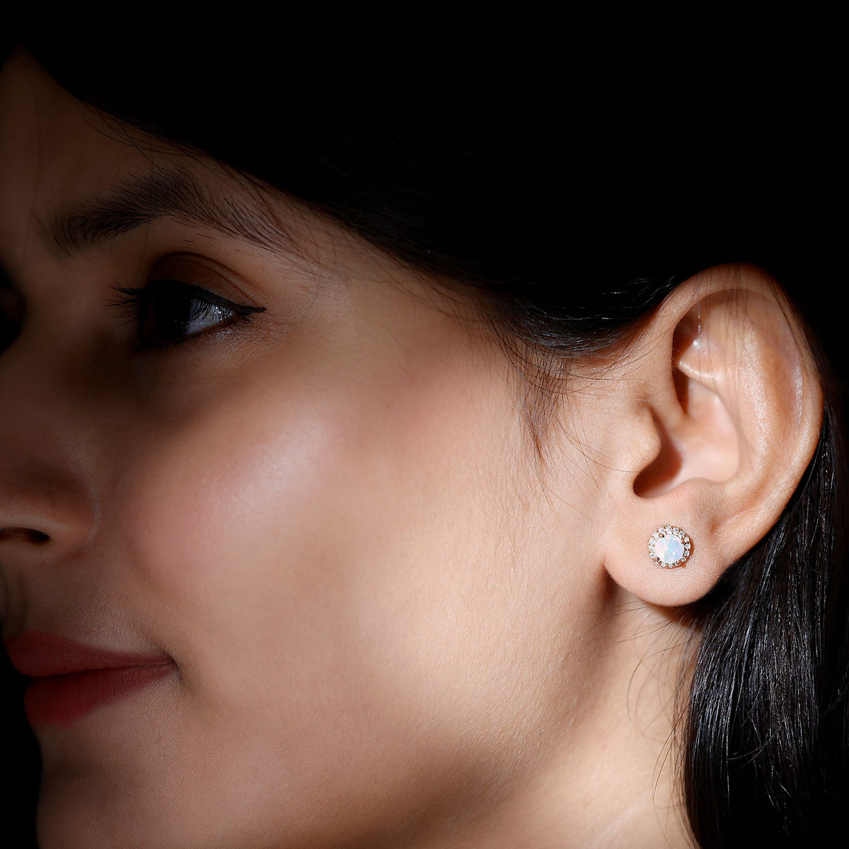Natural Ethiopian Opal and Moissanite Halo Stud Earrings by Rosec Jewels, showcasing sparkling gemstone halos and elegant stud setting.
