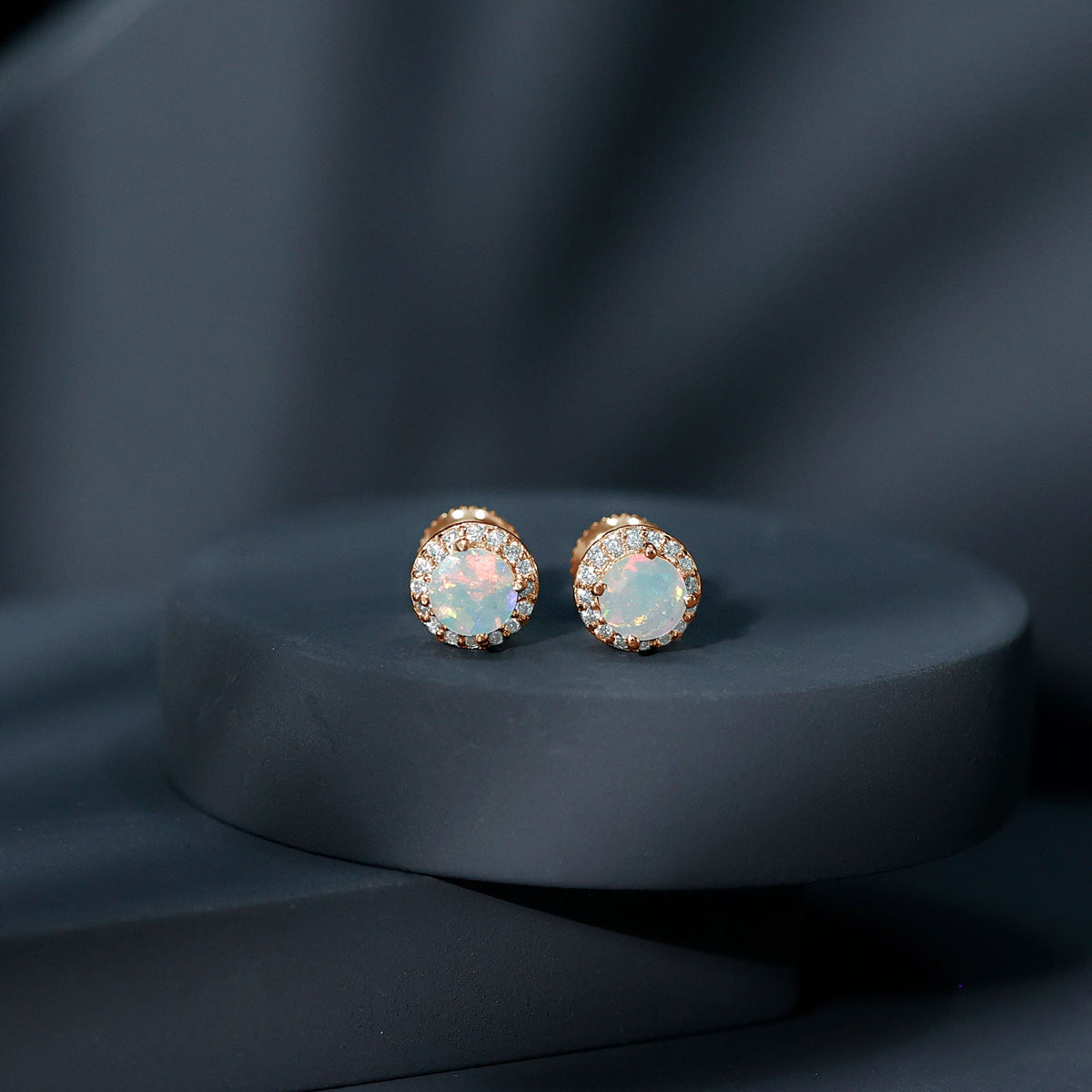 Natural Ethiopian Opal and Moissanite halo stud earrings by Rosec Jewels, featuring vibrant gemstones and elegant design.