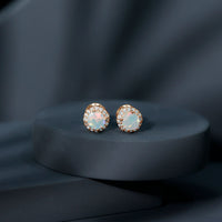 Natural Ethiopian Opal and Moissanite halo stud earrings by Rosec Jewels, featuring vibrant gemstones and elegant design.