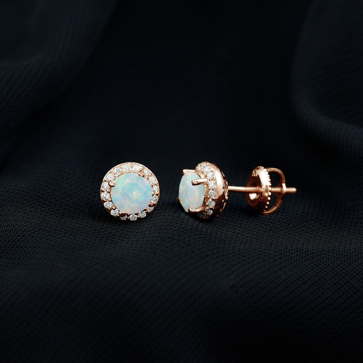 Natural Ethiopian opal and moissanite halo stud earrings by Rosec Jewels featuring sparkling gemstones and elegant design.