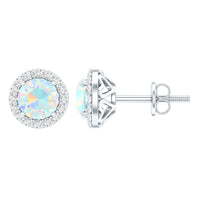 Natural Ethiopian Opal and Moissanite halo stud earrings by Rosec Jewels, featuring vibrant gemstones and elegant design.