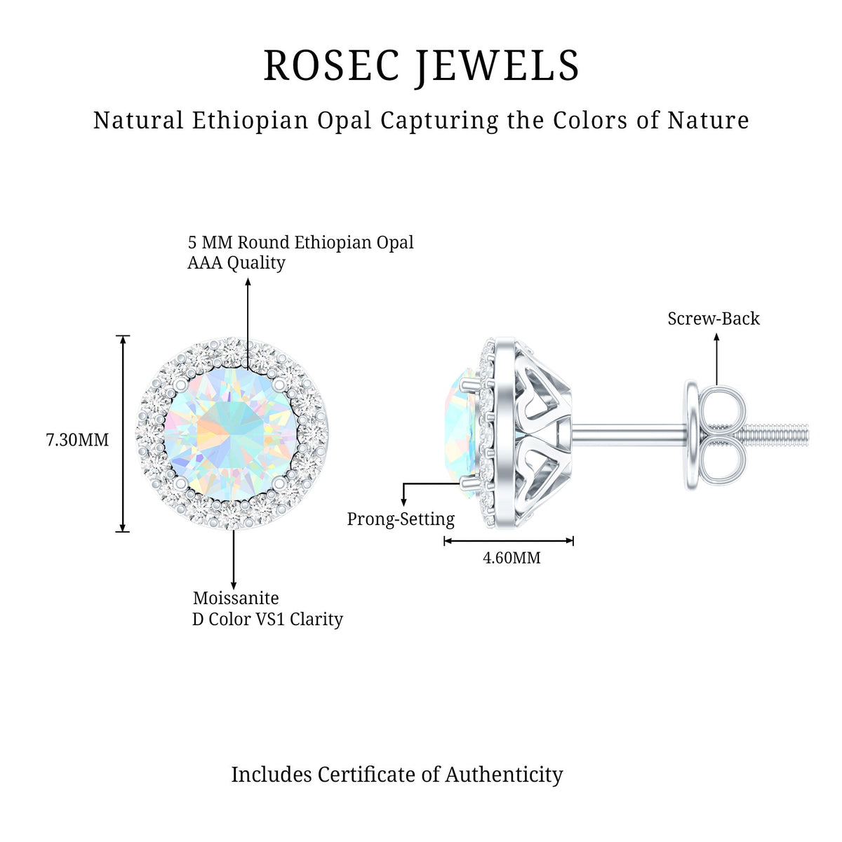 Natural Ethiopian Opal and Moissanite Halo Stud Earrings from Rosec Jewels showcasing sparkling gemstones and elegant design.