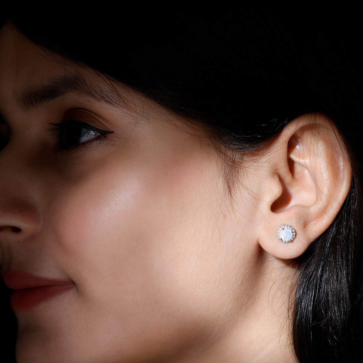 Natural Ethiopian Opal and Moissanite Halo Stud Earrings by Rosec Jewels, showcasing sparkling gemstones and elegant stud design.