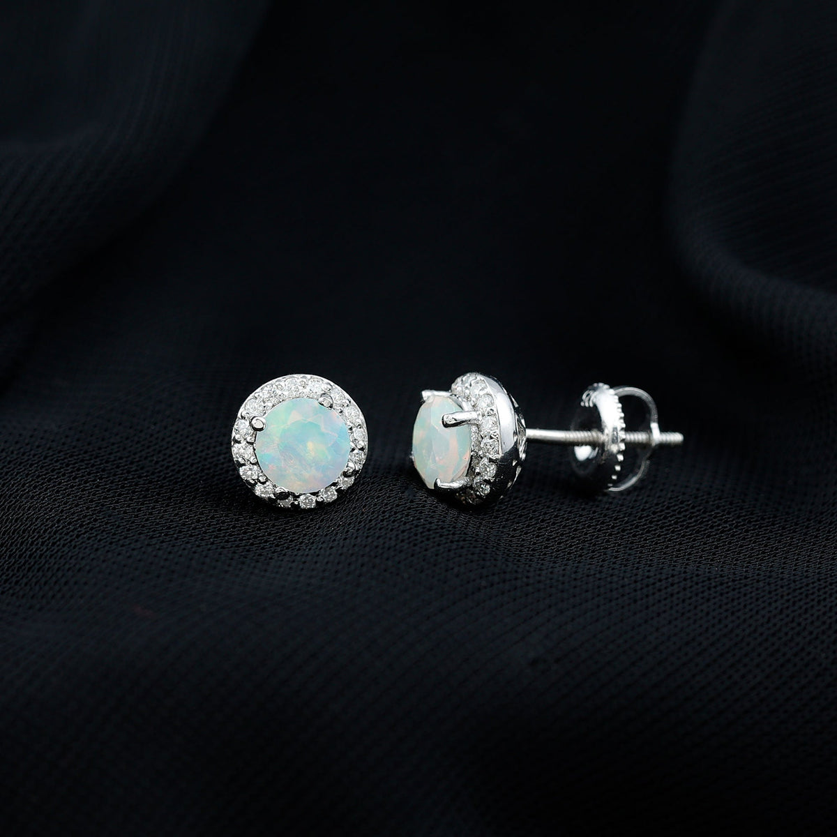 Natural Ethiopian Opal and Moissanite Halo Stud Earrings by Rosec Jewels, showcasing sparkling stones and elegant design.