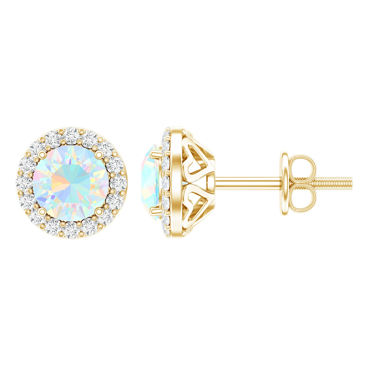 Natural Ethiopian Opal and Moissanite Halo Stud Earrings in silver with sparkling gemstone accents.