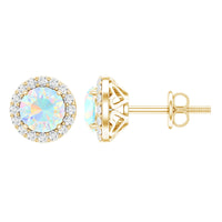 Natural Ethiopian Opal and Moissanite Halo Stud Earrings in silver with sparkling gemstone accents.