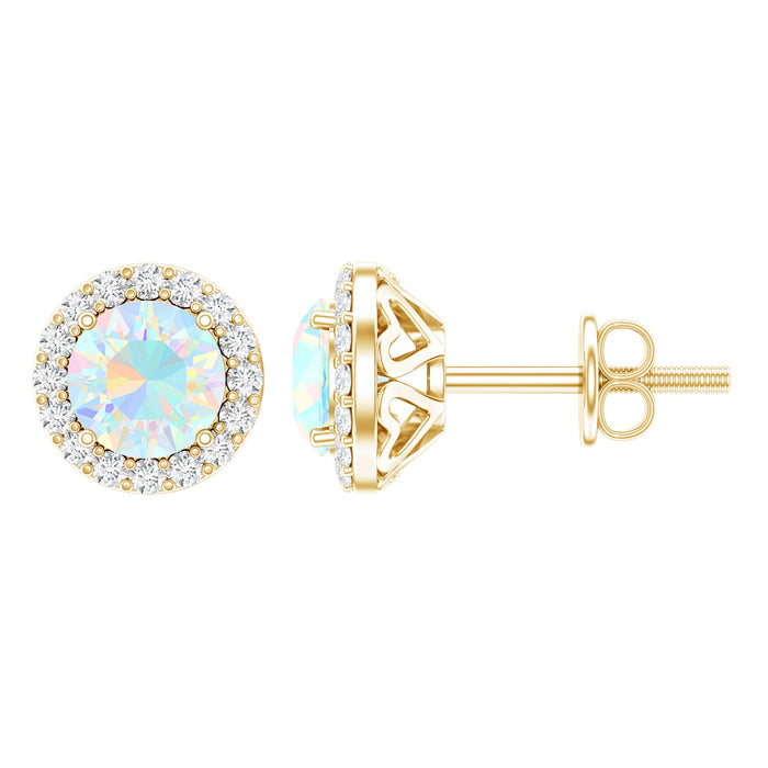 Natural Ethiopian Opal and Moissanite Halo Stud Earrings in silver with sparkling gemstone accents.