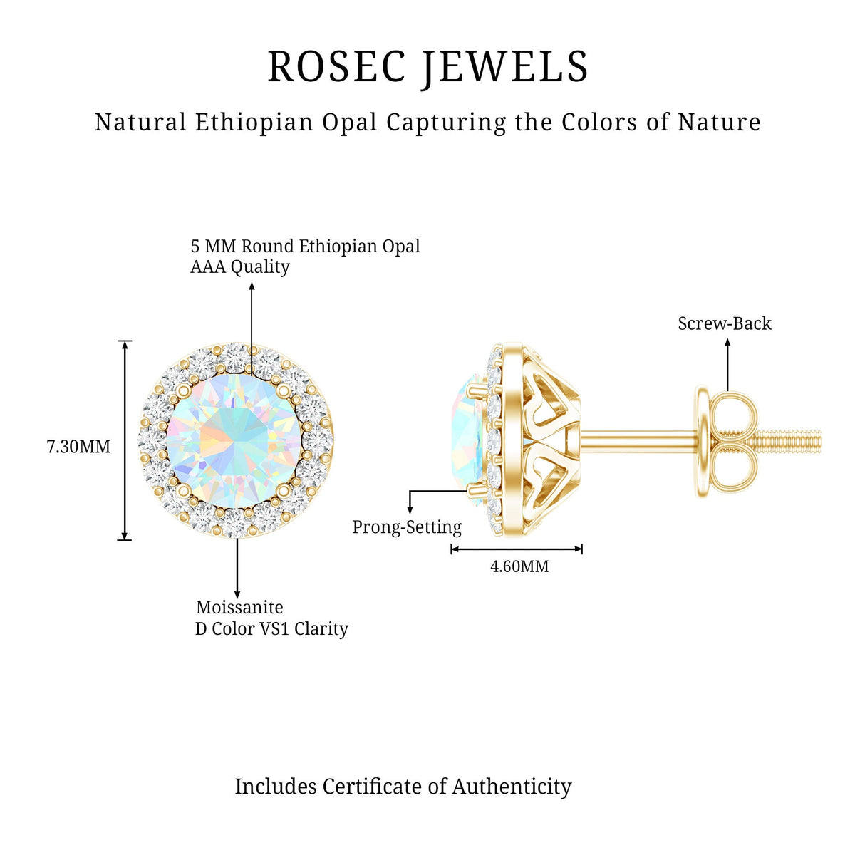 Natural Ethiopian Opal and Moissanite halo stud earrings from Rosec Jewels, showcasing sparkling stones and elegant jewelry design.