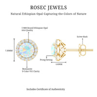 Natural Ethiopian Opal and Moissanite halo stud earrings from Rosec Jewels, showcasing sparkling stones and elegant jewelry design.