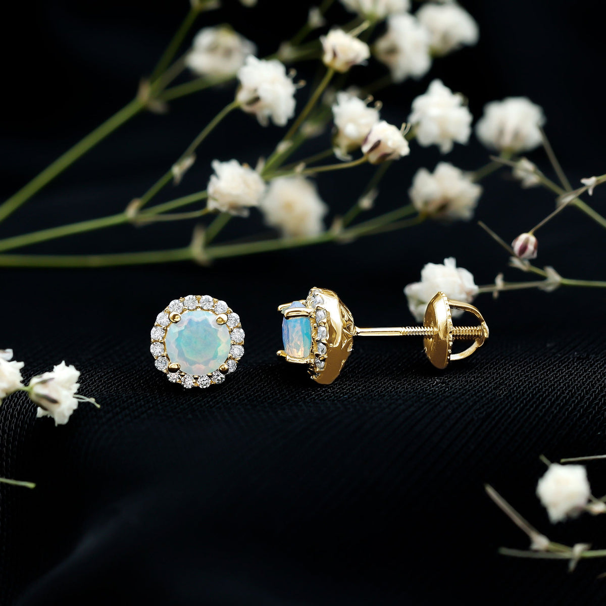 Natural Ethiopian Opal and Moissanite halo stud earrings featuring a sparkling gemstone design from Rosec Jewels.