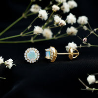 Natural Ethiopian Opal and Moissanite halo stud earrings featuring a sparkling gemstone design from Rosec Jewels.
