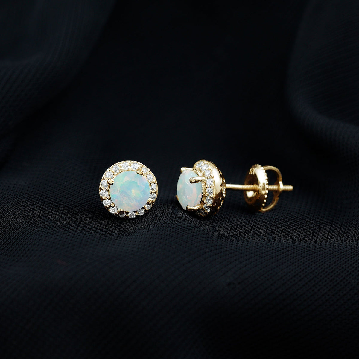 Natural Ethiopian Opal and Moissanite Halo Stud Earrings by Rosec Jewels featuring sparkling gemstones and elegant design.