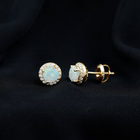 Natural Ethiopian Opal and Moissanite Halo Stud Earrings by Rosec Jewels featuring sparkling gemstones and elegant design.