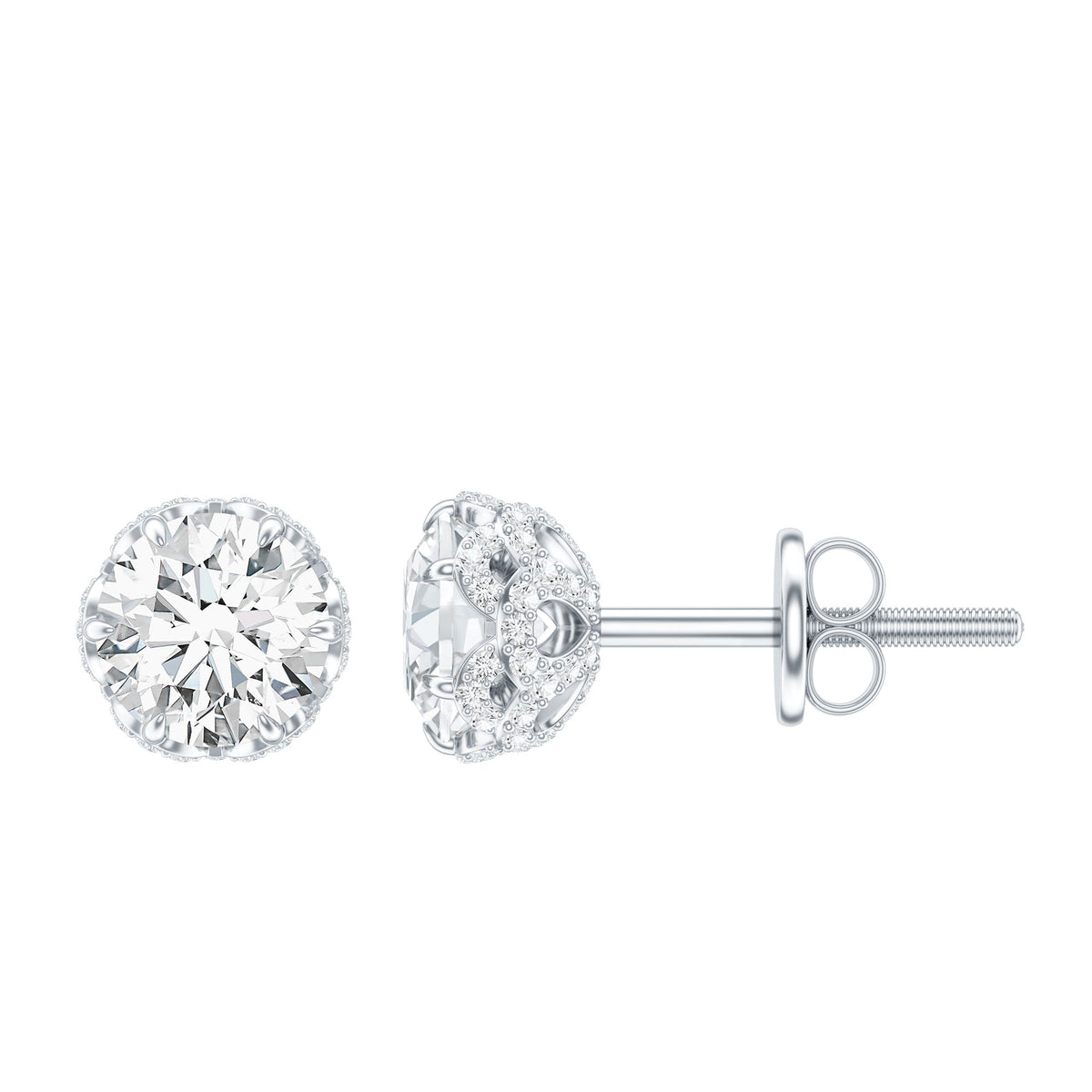 Rosec Jewels 1 Carat Moissanite Stud Earrings with screw back, showcasing sparkling gemstone and secure fastening.