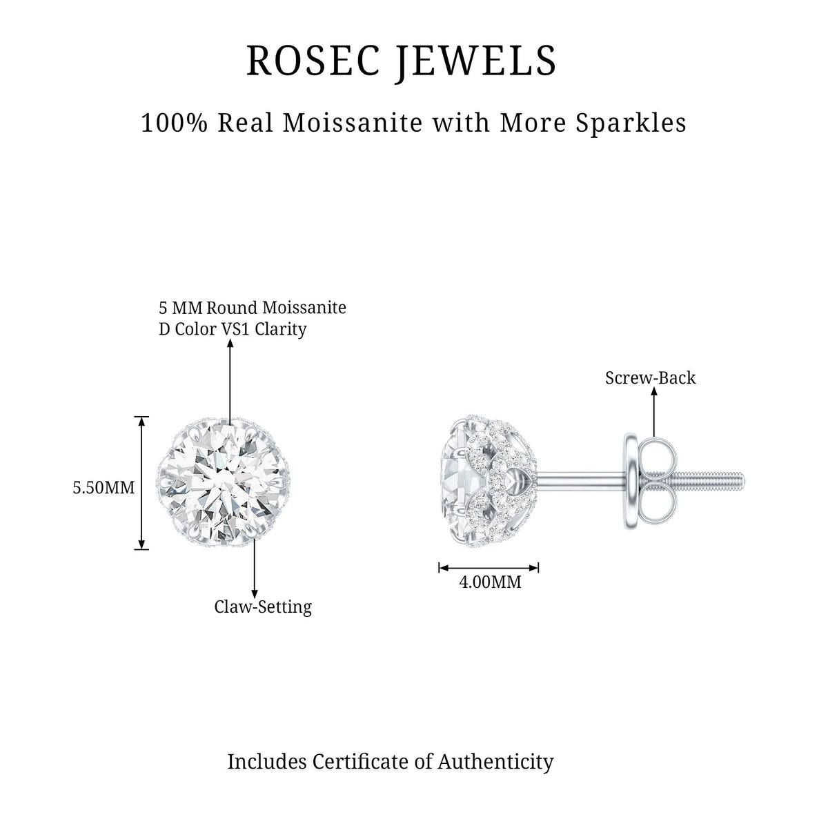 Rosec Jewels designer 1 carat moissanite stud earrings with screw back, showcasing sparkling gemstone and secure fastening.