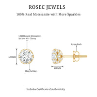 Rosec Jewels 1 Carat Moissanite stud earrings with screw back, showcasing sparkling gemstones and secure fastening.
