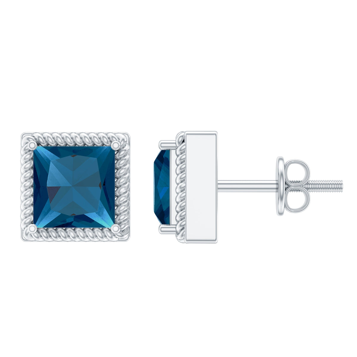 Rosec Jewels 2 Carat Princess Cut London Blue Topaz Stud Earrings, sparkling gemstone earrings with silver settings.
