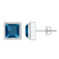 Rosec Jewels 2 Carat Princess Cut London Blue Topaz Stud Earrings, sparkling gemstone earrings with silver settings.