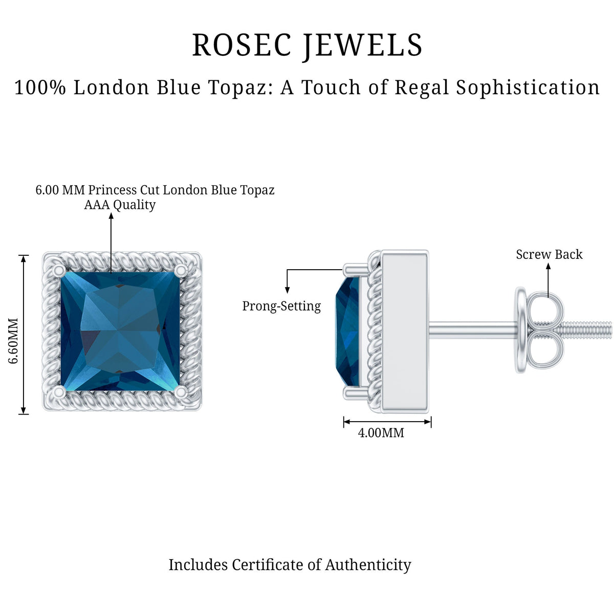 Rosec Jewels 2 Carat Princess Cut London Blue Topaz Stud Earrings showing sparkling blue gemstones set in silver.