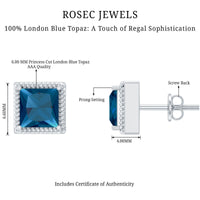 Rosec Jewels 2 Carat Princess Cut London Blue Topaz Stud Earrings showing sparkling blue gemstones set in silver.