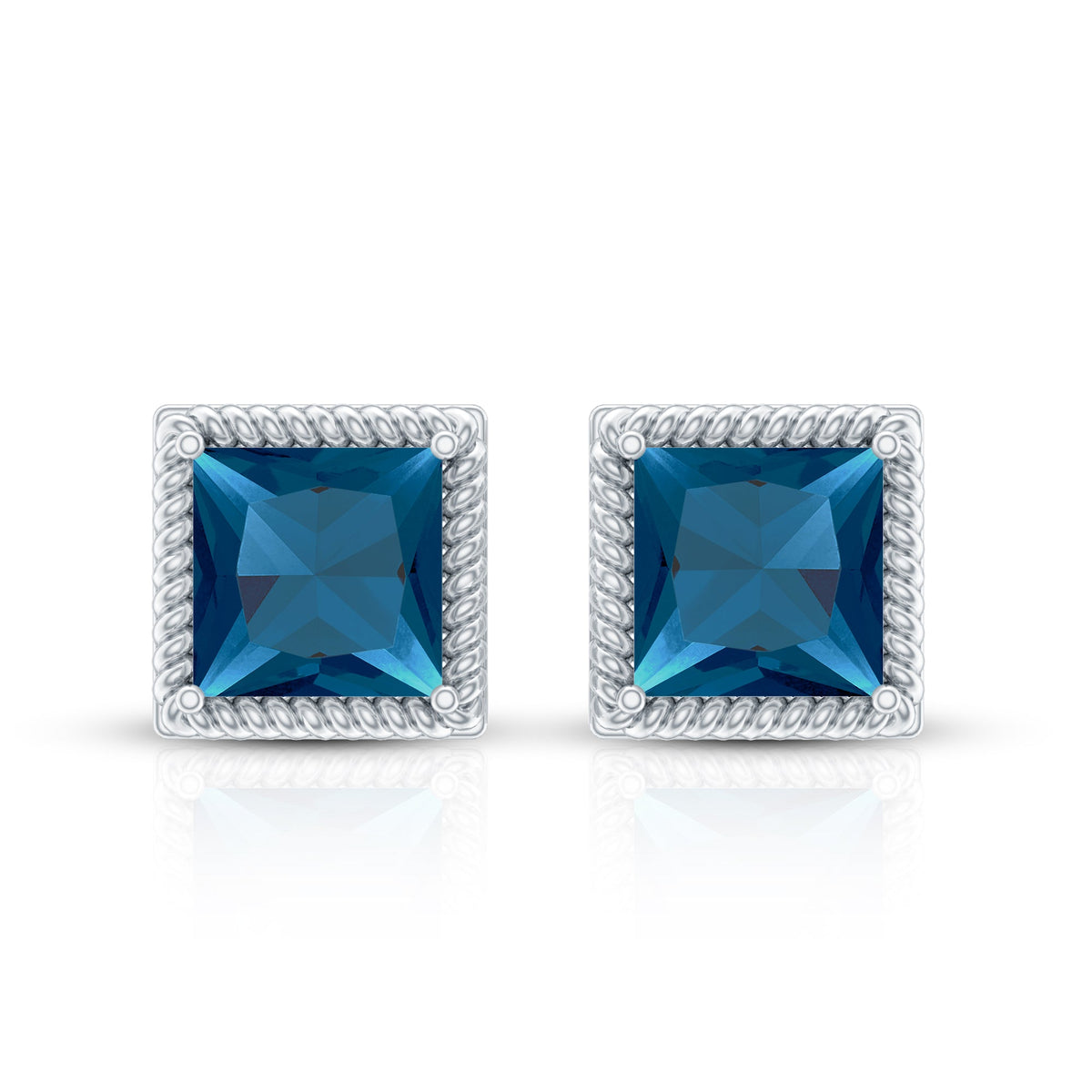 Rosec Jewels 2 Carat princess cut London Blue Topaz stud earrings with silver settings on a white background.