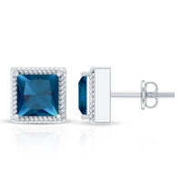 Rosec Jewels 2 Carat princess cut London Blue Topaz stud earrings with sparkling gemstone settings.