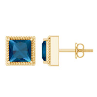 Rosec Jewels 2 Carat Princess Cut London Blue Topaz Stud Earrings, sparkling blue gemstone earrings on a white background.