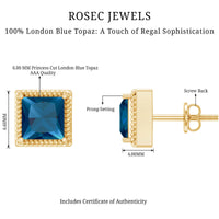 Pair of 2 Carat princess cut London Blue Topaz stud earrings by Rosec Jewels, showcasing sparkling blue gemstones in a classic setting.