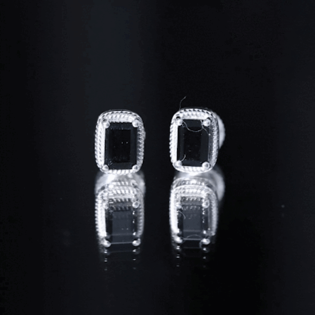 Emerald cut black onyx stud earrings in silver from Rosec Jewels, showcasing sleek rectangular gemstones in a classic design.